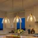 Dining Room Light Fixtures over Table, Large Kitchen Island Lights Modern Farmhouse Chandelier Vintage Brushed Gold Rectangle Chandelier Light Fixture with 3 Big Clear Glass Dome,Height Adjustable