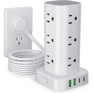Power Strip Tower with Multiple Outlets, Flat Plug Surge Protector Tower Extension Cord with 12 AC Outlets 4 USB Ports (2 USB C), 10FT Cord Power Tower Surge Protector for Home Office Dorm Room, White