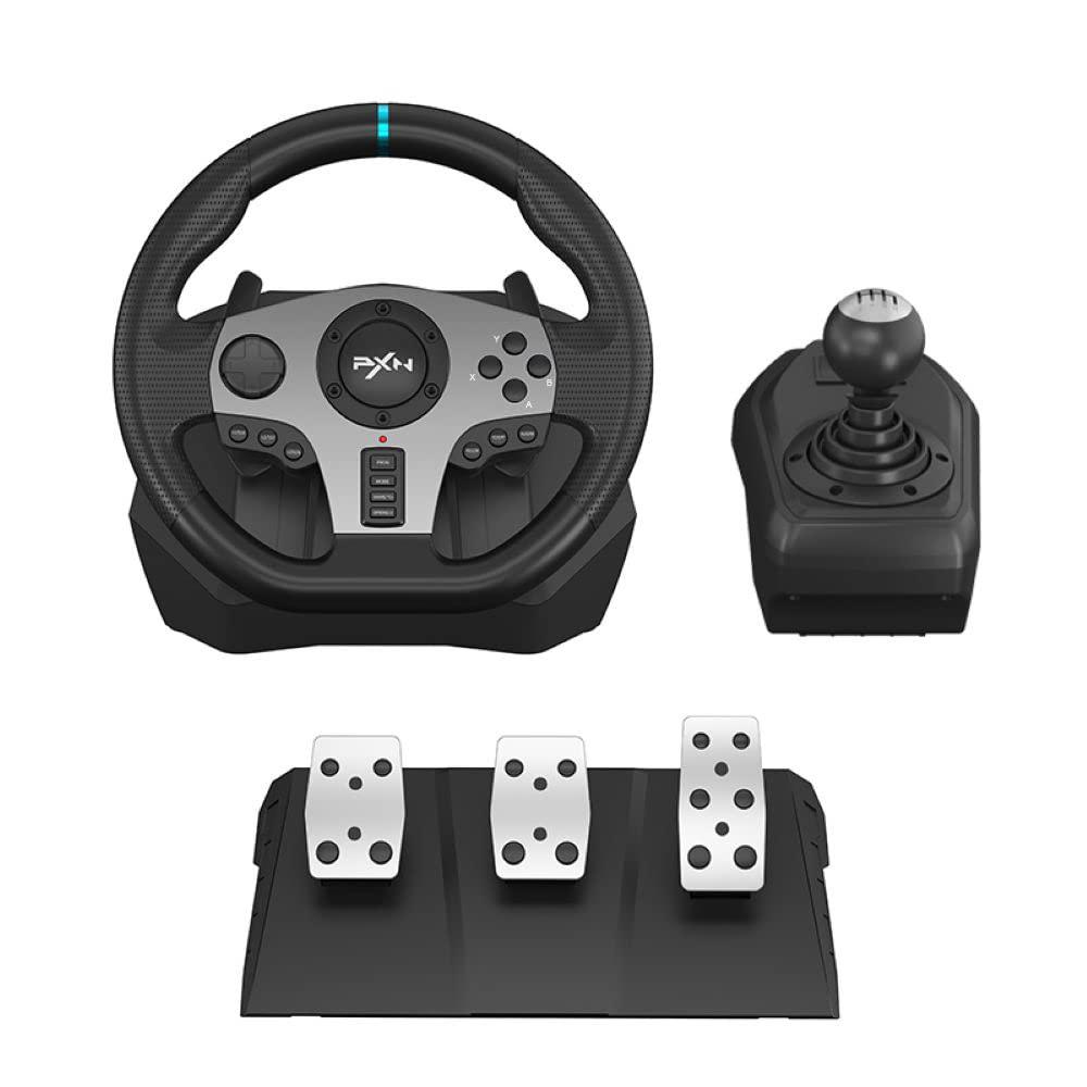 PXN V9 Steering Wheel for PC, PS4, Xbox, Switch - Universal Usb Sim Racing Wheel, APP, 270/900 Adjustable, 3 Pedals & Shifter Full Bundle(Black)