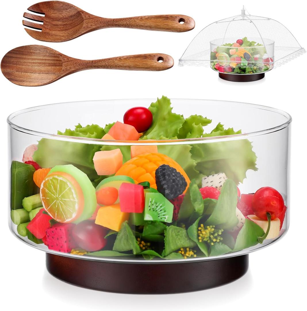 Lounsweer Extra Large Glass Salad Bowl Set, Party Salad Bowl with Wooden Base and Acacia Wood Tableware, Folding Grille, Oversized Hand-blown Glass Container, Elegant and Practical Kitchen Supplies