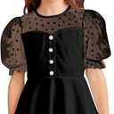 WDIRARA Girl's Sheer Mesh Short Puff Sleeve Blouse Heart Print Cute Ruffle Peplum Top (Black) 6Y