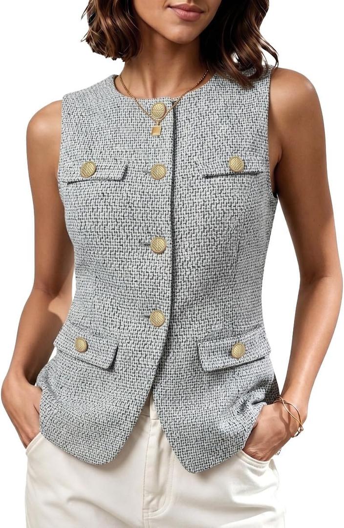 Tweed Vest Tops for Women - Summer Button Front Blazer | Fully Lined Round Neck with Pockets, Sleeveless Long Blazer, Tweed Dressy Vest, Business Casual Tops, Office Work Waistcoat (M)