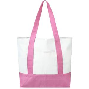 Reginary 1 Piece Canvas Tote Bags Bulk with Outer Pocket 18 Inch Reusable Shopping Grocery Blank Tote Bag for Women Mother DIY (Pink)