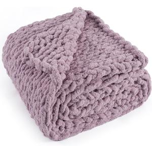 Chunky Knit Throw Blanket 50"X 60", 100% Handmade with Soft Chenille Yarn, 4.4lbs Thick Cable Knitted Blankets, Large Rope Knot Crochet Throws for Couch Sofa Bed Home Decor, Purple