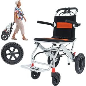 Portable Folding Wheelchair, Travel with handbrake, Ultra-Light Wheelchair for The Elderly and Children (with Bag) (12 inch PU Rear Wheel)