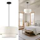 Linen Drum Pendant Light, 18 Double Drum Light Fixture with Modern Fabric Lampshade, 3-Light Linen Chandeliers for Dining Room, Bedroom, Hardwired