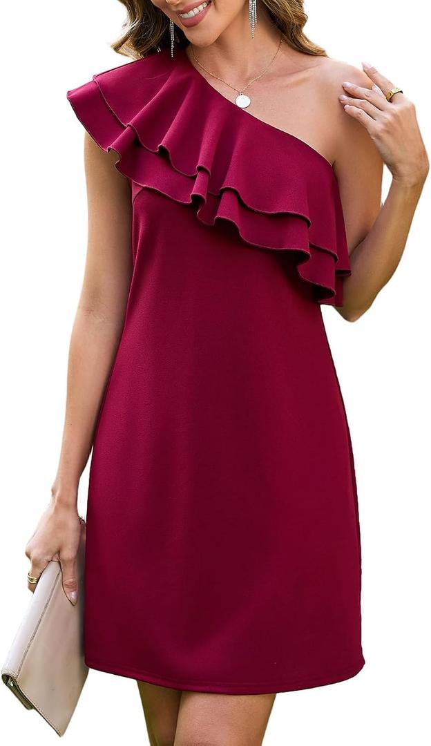 oten Women's Elegant Ruffle Trim One Shoulder Summer Wedding Guest Cocktail Party Short Dresses (Red, L)