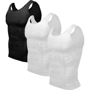 Odoland 3 Pack Men Compression Shirt Body Shapewear Base Layer Tummy Shaper Vest Tank Top (White, XXXL)