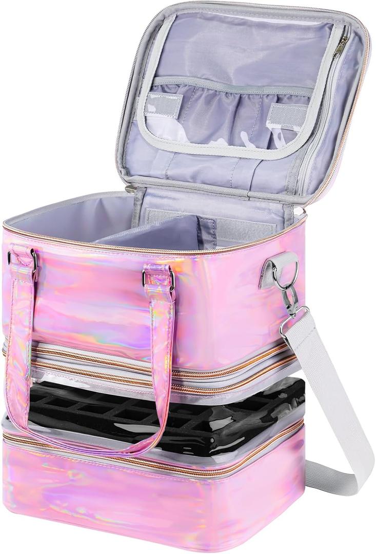 Nail Polish Organizer Case, 3 Layers Removable Nail Polish Storage Bag Holds 60 Bottles and Nail Lamp with Shoulder Strap Portable Holographic PU Leather Nail Kit Storage for Manicure Tools (Pink)
