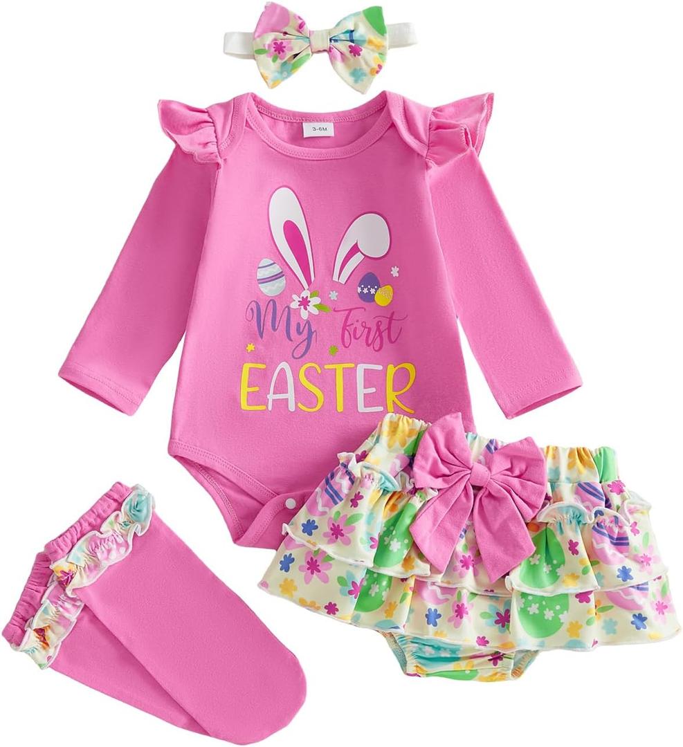 Newborn Baby Girl My 1st Easter Outfit Bunny Romper Bloomers Tutu Skirt Socks Headband Set First Easter Outfit (Pink, 6-9M)