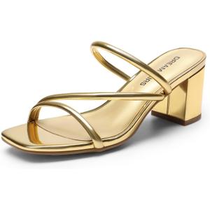 DREAM PAIRS Women's Strappy Heels Open Toe Low Chunky Heel Slip On Mules Square Block Sandals Dress Shoes (9.5, Gold)
