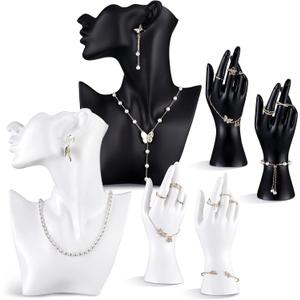 6 Pack Resin Jewelry Mannequin Display Set Necklace Earring Display Stand and Female Mannequin Hand Ring Bracelet Holder Bust Organizer Black White for Shows Selling Home Decor (Classic)