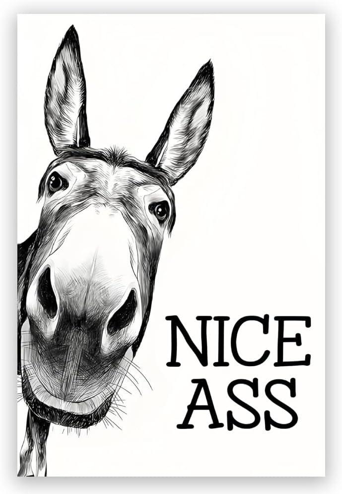 Black and White Bathroom Wall Art Decor Nice Ass,Donkey in Bathroom Canvas Posters,Interest Animals Wall Decor Vintage Farmhouse Home Humor Print Paint 16x24inch Unframed