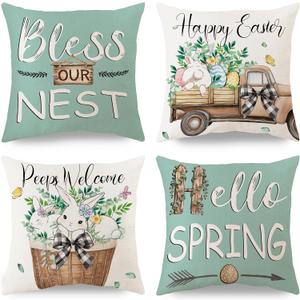 Farmhouse Easter Pillow Covers 18x18 Set of 4, Easter Decorations for Home Indoor, Bunny Truck & Peeps Welcome, Bless Our Nest Spring Throw Pillow Covers for Couch Sofa (Covers Only)