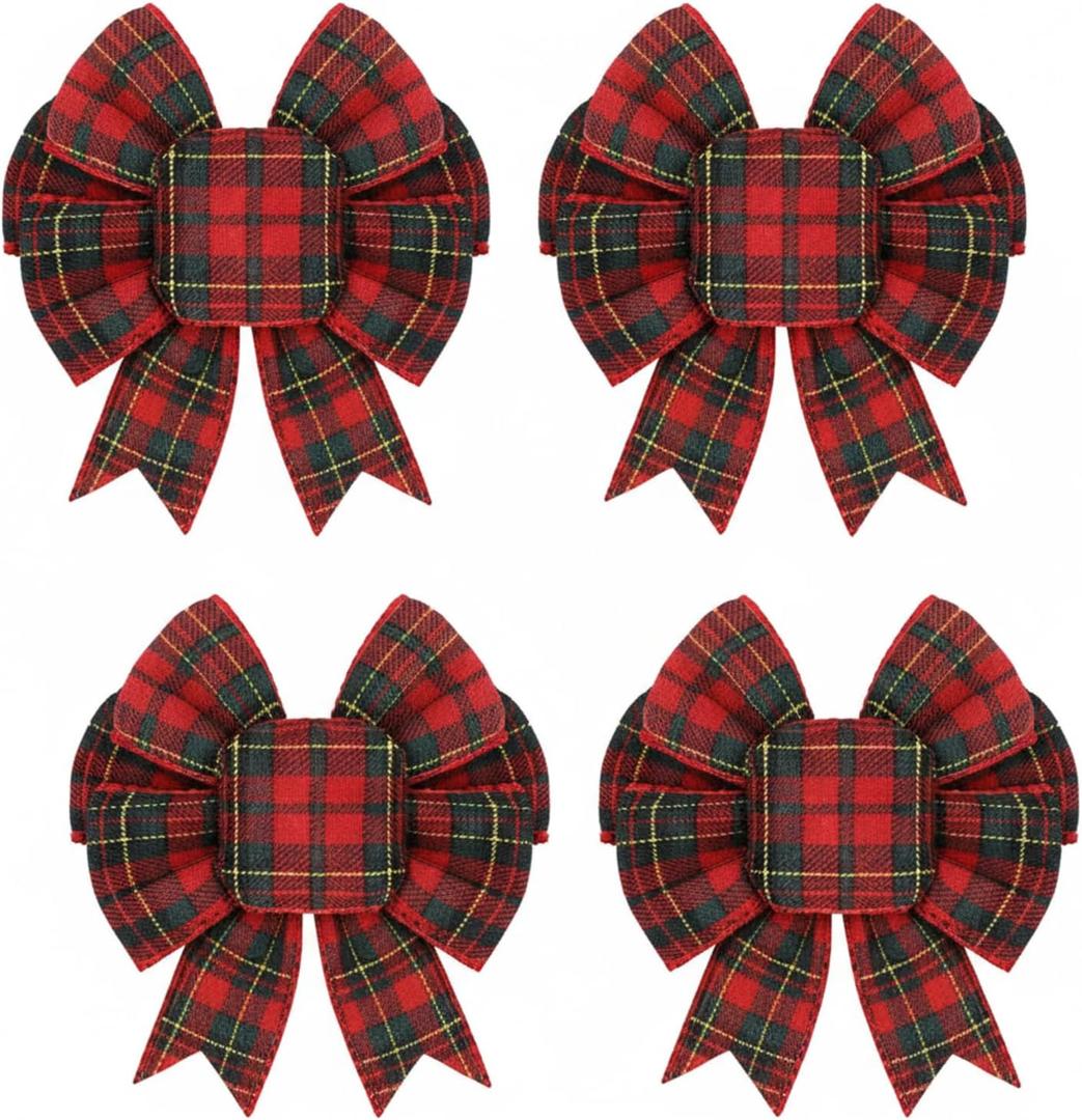 Geosar 4 Pcs Christmas Buffalo Plaid Bows Decorations 6 Inch Christmas Burlap Gingham Craft Bows Xmas Tree Decorative Wreath Decor for Crafts Xmas Party Birthday Decor(Red and Green,Cute)