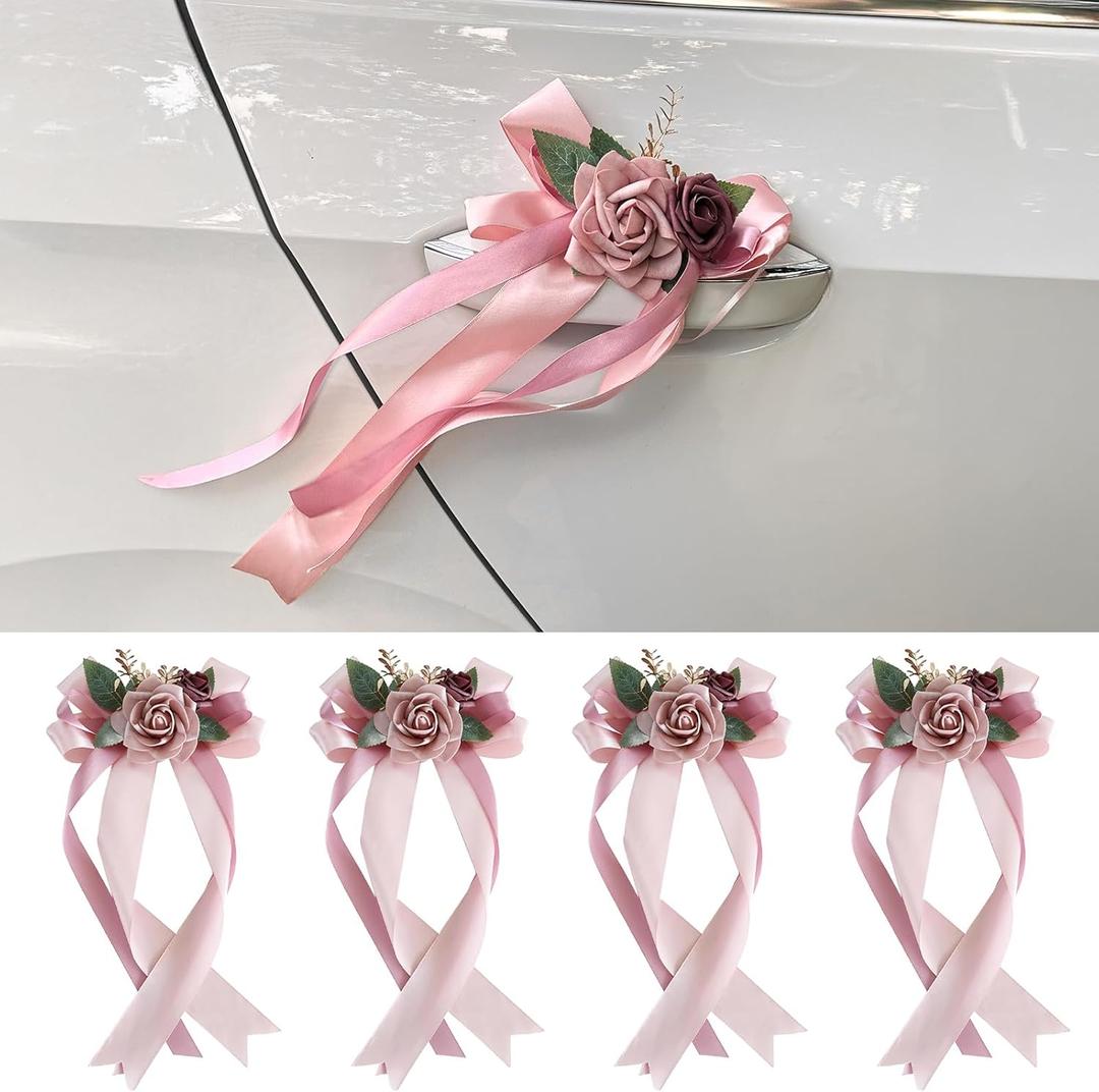 4 PCS Wedding Car Door Handle Decorative Flowers, Pink Artificial Cars Bouquet Flower Bowknot Ribbon Decor, Just Married Automotive Decorations Accessories for Door Handles 4 PCS Wedding Car Door Handle Decorative Flowers, Pink Artificial Cars Bouquet Flower Bowknot Ribbon Decor, Just Married Automotive Decorations Accessories for Door Handles