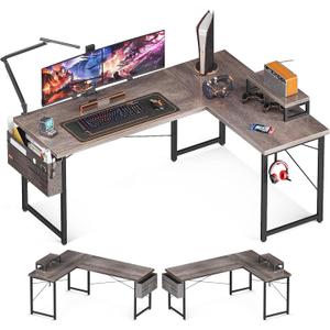 ODK 59" L-Shaped Modern Gray Oak Computer Desk, Home Office & Gaming Workstation with Monitor Shelf & Space-Saving Design