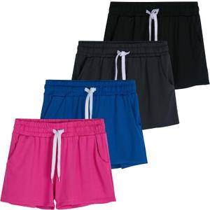 Real Essentials 4 Pack: Girls Athletic Performance Dry-Fit Running Shorts with Drawstring & Pockets