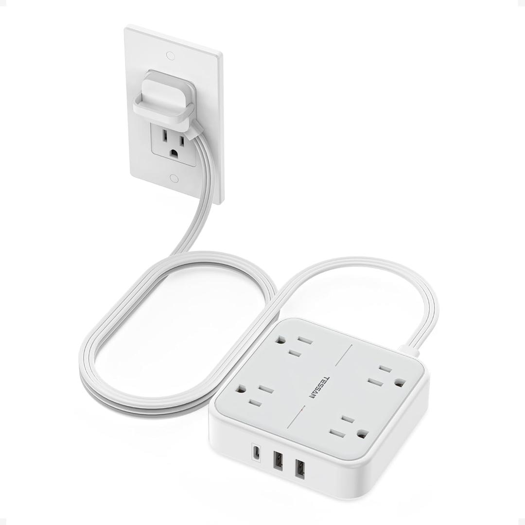 TESSAN Surge Protector Flat Extension Cord 5Ft, Ring Plug Power Strip with 4 Outlets 3 USB Ports (1 USB C), 900 Joules Protection, Multiple Wall Outlet Extender Suitable for Home Office Dorm, Grey