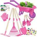 Qtioucp Kids Gardening Tools Outdoor Toys Set Backyard Play with Wheelbarrow Educational STEM Learning Pretend Toys Outdoor Indoor for Toddlers Kids Boys Girls (Rose Red)