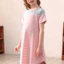 GORLYA Girls Casual Striped Dress Soft Short Sleeve Loose Round Neck Midi T-Shirt Dress for 6-14Y (Pink)