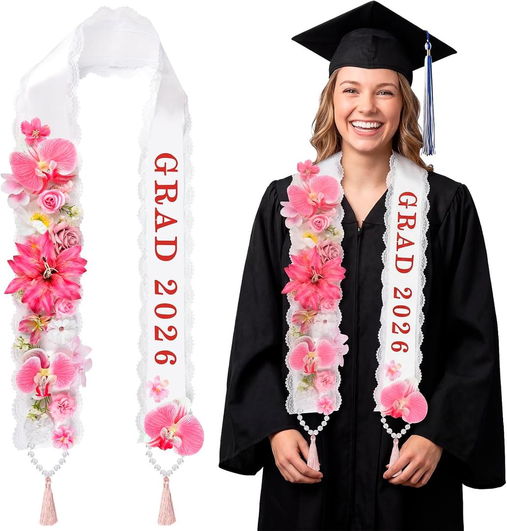 Graduation Lei Class of 2026 - Graduation Ribbon Lei with 2026 Grad Print & Lace Edging, 66'' Pink Hawaiian Flower Necklace for Women Men, Graduation Gifts & Party Accessories for High School College