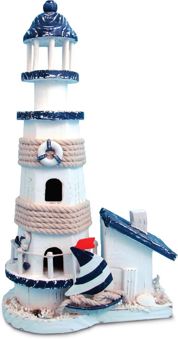 COTA Global Ocean Blue Lighthouse Decor - Handmade and Crafted Wooden Lighthouse Decoration with Sailboat Figure, Nautical Themed Home Decor 13.5 Inch