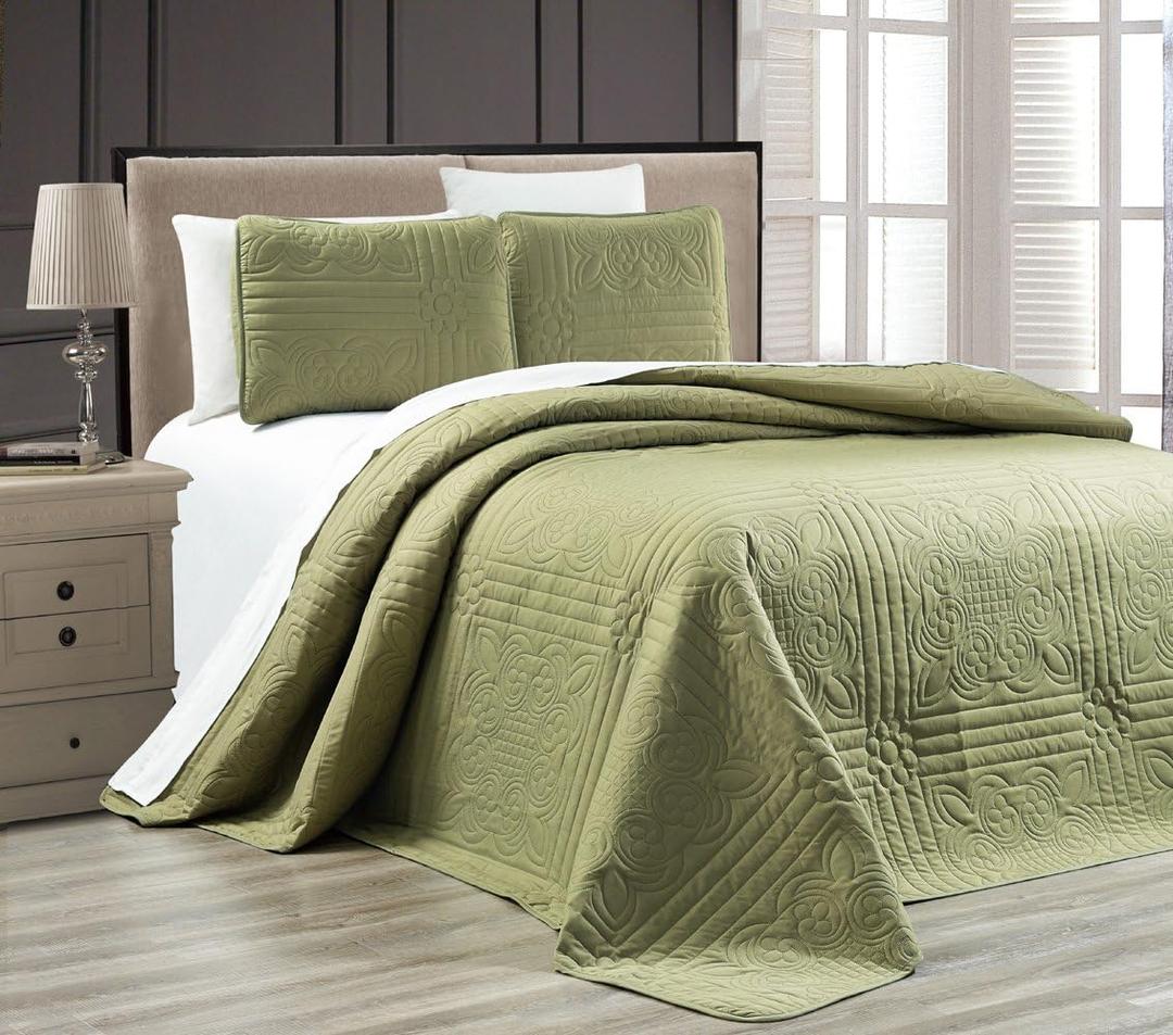 Grand Linen - 3-Piece SAGE Green Oversize Stella Grande Bedspread Queen/Full Embossed Coverlet Set 106 by 100-Inch
