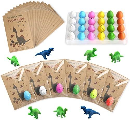 Dinosaur Party Favors Funny Mini Dinosaur Toys Dinosaur Birthday Party Supplies 24 Pack Dino Eggs and 24 Hatching Card Bulk Gifts Novelty Birthday Party Decorations for Kids Boys Girls Toddler