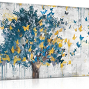 Kepgonegu Large Canvas Wall Art Blue Tree Golden Butterflies Picture Abstract Grey Graffiti Canvas Prints Ready to Hang for Living Room Bedroom Size 24x48