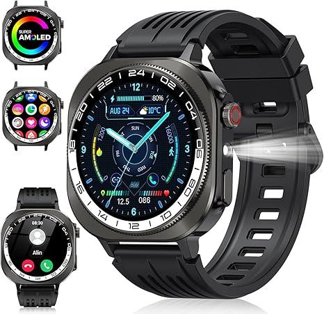 Smart Watch, 1.43" AMOLED3D Military Smartwatch for Men Women (Answer/Make Call), Flashlight/130+ Sports/60 Days, Heart Rate/Sleep Monitor, IP68 Waterproof Fitness Activity Tracker for Android iOS