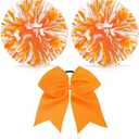 Hanaive 3 Pcs Cheerleading Pom Poms and Large Cheerleader Hair Bow Metallic Cheer supplies for Team Spirit Sports Dance Cheering(Orange Mixed White,Matte)