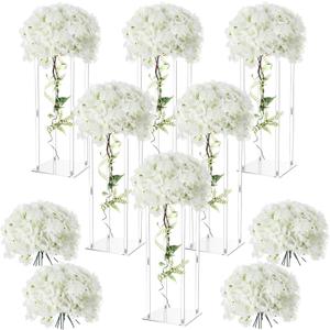 Geetery Tall Acrylic Wedding Flower Stand Centerpieces Clear Elegant Vase Column Stand with Artificial Hydrangea Flowers for Wedding Party Table Home Decorations(6 Pcs,28 Inch)