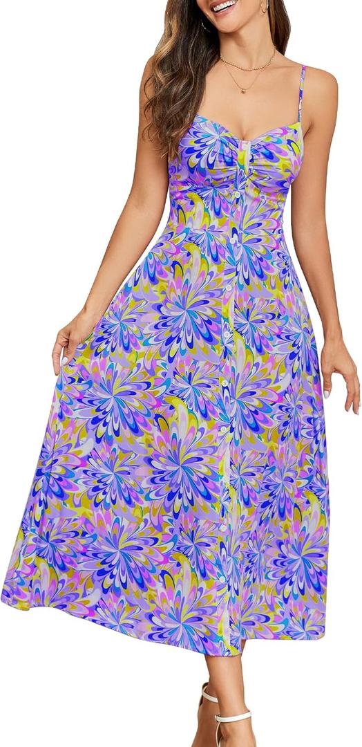 Summer Dresses for Women 2025 Beach Dress Floral V Neck Spaghetti Strap Flowy Bohe Long Floral Maxi Sundress (Medium)