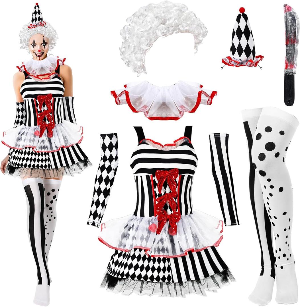 Newcotte 7 Pcs Women Halloween Scary Costume Set Clown Costume Clown Dress Wig Stockings Plastic Sword Hat (X-Large)
