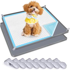 Dog Pee Pad Holder, 2 Pack Dog Potty Tray Silicone Puppy Pad Holder Tray Fits for 24" x 24" Training Pads, Puppy Potty Tray With 8 Clamps No Spill Raised Lip High Edge for Floor Protection (Dark Grey)