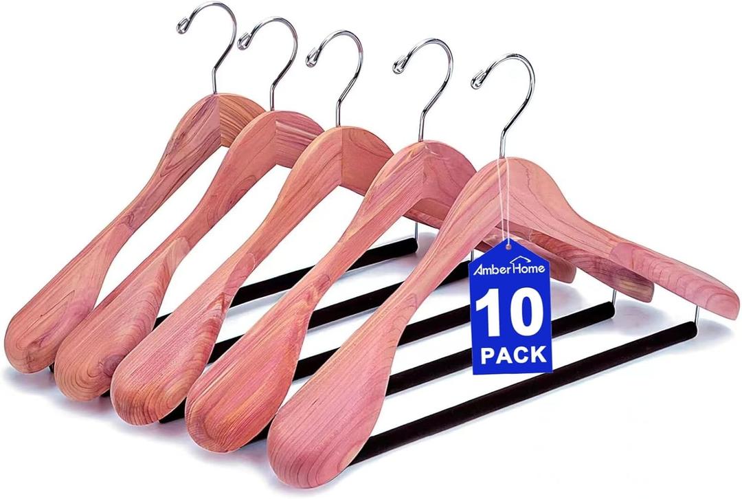 Amber Home 10 Pack American Red Cedar Wood Coat, Suit Hangers with Extra Wide Shoulder, Wooden Jacket Clothes Hanger Smooth Deluxe Aromatic Natural Cedar with Non Slip Velvet Pant Bar