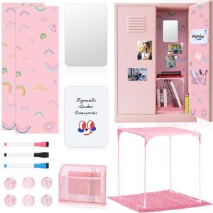 HAUTOCO 16 Pcs Locker Accessories for Girls Pink Locker Organizer Decorations with Shelf, Rugs, Magnetic Wallpaper, Whiteboard, Mirror, Markers, Pen Holder, Magnets, Back to School Work Essentials
