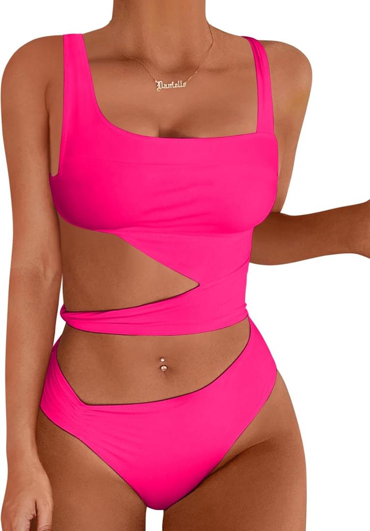 Lilosy Sexy Knotted Ruched High Cut Leg One Piece Swimsuit (Medium, Knotted Hot Pink)