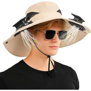 2-in-1 Hands-Free Hat Fan with Detachable Neck Fan, UPF 50+ Sun Hat, 3-Speed Adjustable, 2600mAh Rechargeable,for Outdoor (Beige)