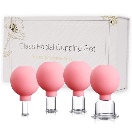okmaba 3PCS Glass Facial Cupping Set, Anti Aging Face Cupping Cups for Face & Neck Lift, Glowing Skin - Rejuvenation, Lymphatic Drainage, Facial Vacuum Suction Cups (Pink)