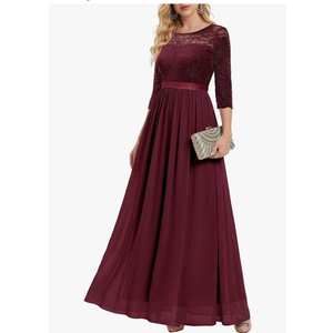 BeryLove Women Long Sleeve Formal Party Dress Lace Wedding Guest Maxi Dresses Elegant Cocktail Evening Gowns (Large, Burgundy)
