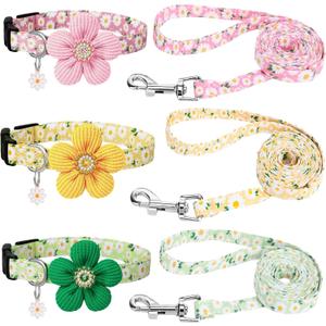 3 Pack Dog Collar and Leash Set, Puppy Collar and Leash Adjustable Floral Dog Collars for Small Dogs Soft Pet Collar for Puppy Small Dogs (Green,Pink,Yellow)