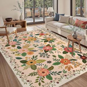 Garvee Home Non-Shedding 5x7 Area Rug Boho Floral Rug Non Slip Low Pile Machine Washable Stain Resistant Large Rugs for Living Room, Bedroom, Farmhouse, Dining Room, Kids Playroom, Pink