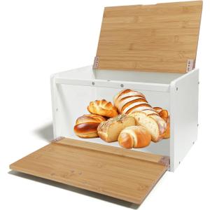 MinBoo Bread Box - Bamboo Bread Box for Kitchen Countertop, Large Capacity Kitchen Countertop Organizer Storage Bread Container Keep Fresh 14.1"x9"x8.3" (Need Assembly) (white&Bamboo)