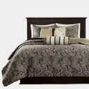 Madison Park Quilt Traditional Damask Design All Season, Lightweight Coverlet Bedspread Bedding Set, Matching Shams, Pillows, Full/Queen (90"x90"), Aubrey, Jacquard Paisley Black, 6 Piece