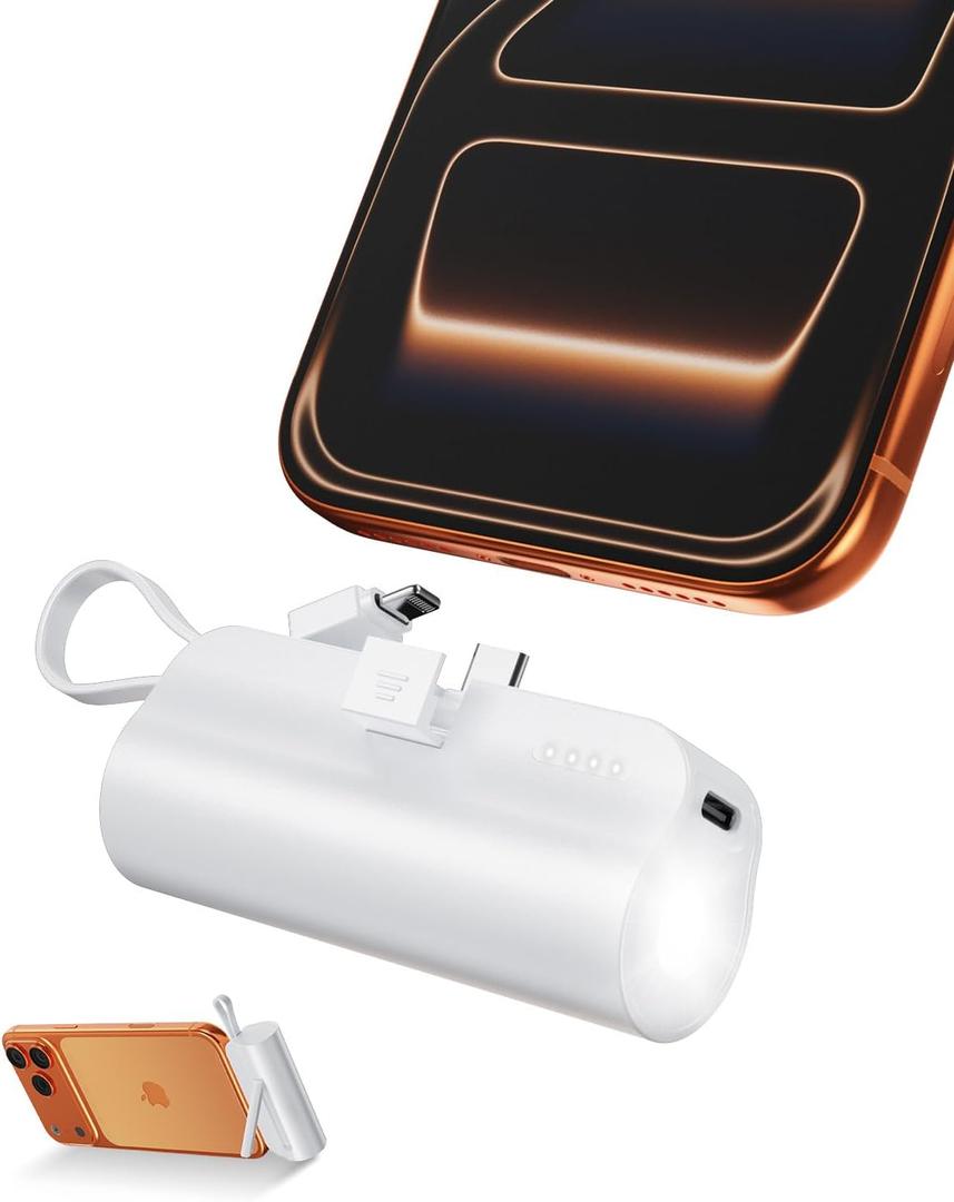 5000mAh Mini Portable Charger with Built-in Type C Connector & Cables,5V 2.4A USB-C Small Power Bank,2 Output Flashlight External Battery Pack Compatible with iPhone 17-12 Pro Galaxy,iPad (White)