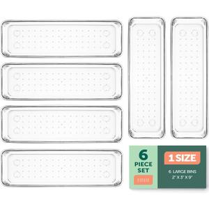 RUBOXA Clear Plastic Drawer Organizers Set, 4 Sizes Clear Drawer Organizers & storage Bins for Makeup/Jewelry Vanity, Kitchen Gadgets Or Office Desk. Bathroom Drawer Organizer Trays (CLEAR, 6)