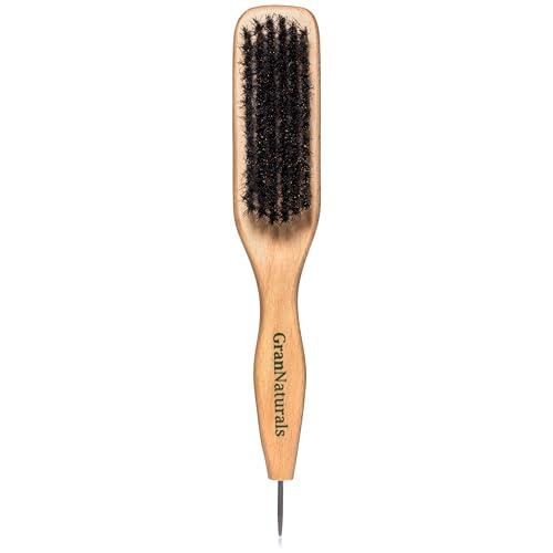 GranNaturals Smoothing & Styling Middle Part Boar Bristle Slick Back Hair Brush w/ Narrow Metal Rat Tail End for Sectioning and Parting Sleek Ponytail Bun - Teasing, Backcombing, Edge Control