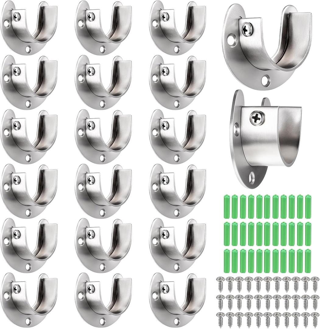 20 Pack Closet Pole Sockets Stainless Steel 1-1/4 Inch Metal Closet Rod Holder Heavy Duty U Shaped Closets Rod Bracket Curtain Rods Holders Closets Rods Support End Caps with Screws, Silver
